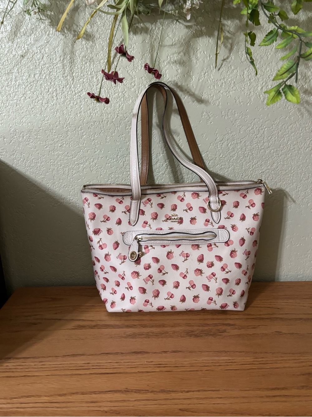 Coach White Tote with Pink Cherry Print and Gold Hardware